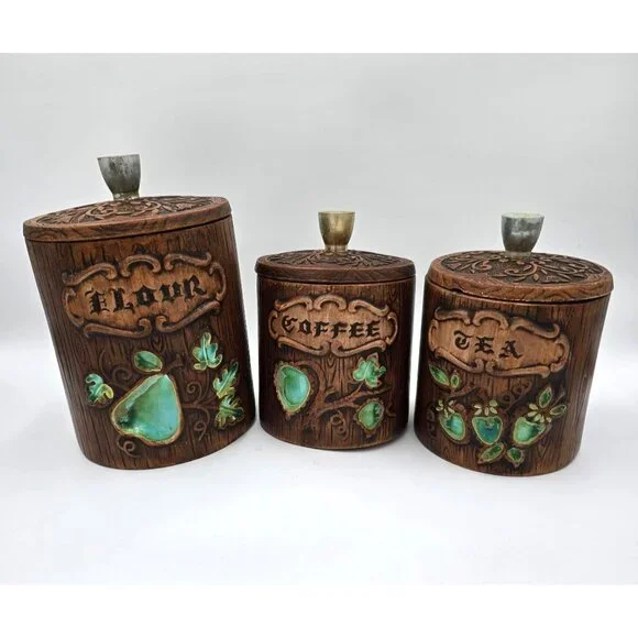 Vintage Treasure Craft US Canister Set - Flour Coffee Tea - Wood Look Ceramic wi - Picture 1 of 14